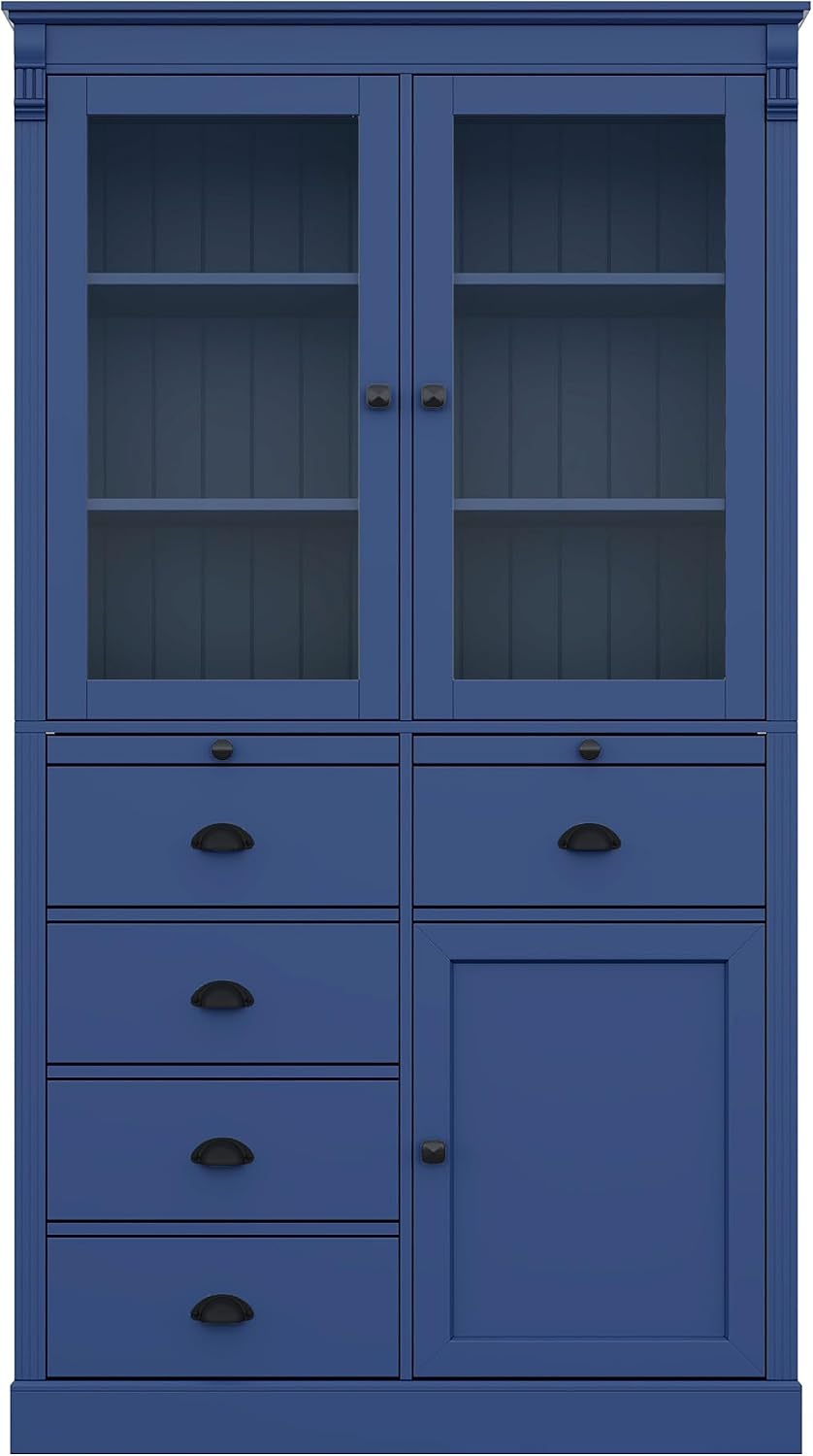 Tall Kitchen Pantry Cabinet with Glass Doors, Display Cabinet Coffee Bar Cabinet with Drawers, Serving Trays and Shelves for Dining Room, Living Room (Blue)