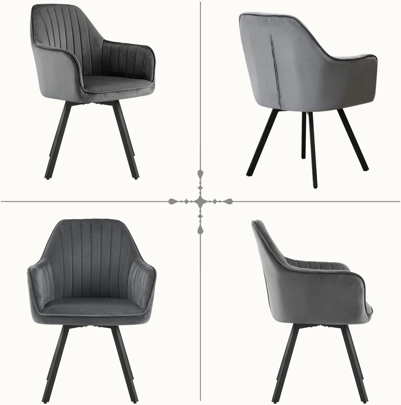 Furniliving 360° Swivel Dining Chairs Set of 2, Mid Century Modern Upholstered with Mental Frame Legs, Dining Chairs with Arms & Thickened Cushions for Kitchen, Living Room, Velvet, DrakGrey