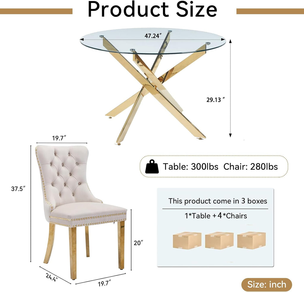 Round Glass Dining Table Set for 4, Small Kitchen Table Set for 4, 47" Circle Gold Glass Table and Chairs Set of 4,5 Piece Round Dining Room Table Set w/Beige Velvet Chairs for Breakfast Dinette Cafe