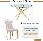 Round Glass Dining Table Set for 4, Small Kitchen Table Set for 4, 47" Circle Gold Glass Table and Chairs Set of 4,5 Piece Round Dining Room Table Set w/Beige Velvet Chairs for Breakfast Dinette Cafe