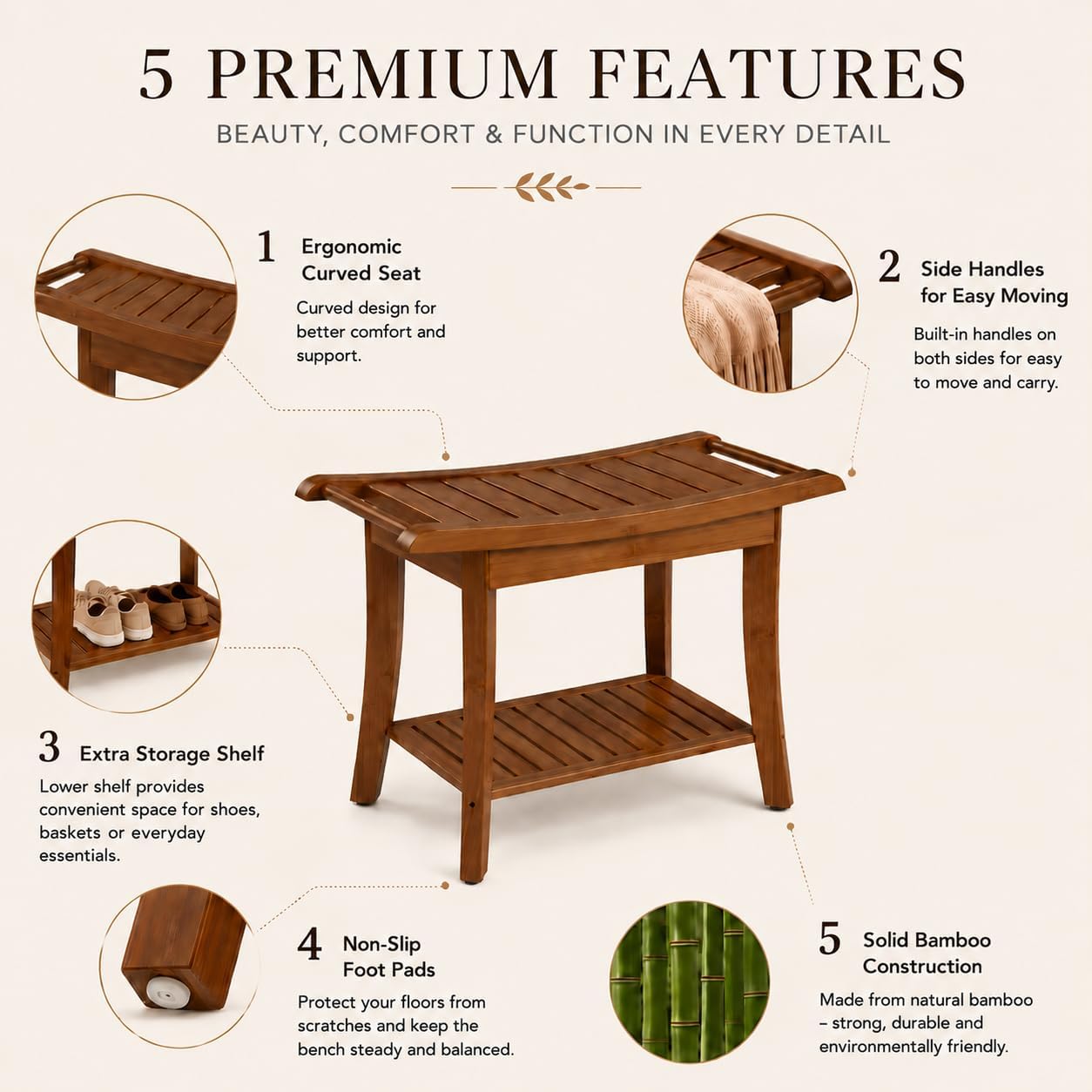Bamboo Entryway Bench with Storage Shelf, Ergonomic Curved Seat & Side Handles, Walnut Finish Wooden Shoe Bench for Entryway, Bedroom, Bathroom & Living Room, Small Space Seating, Supports 300 LBS