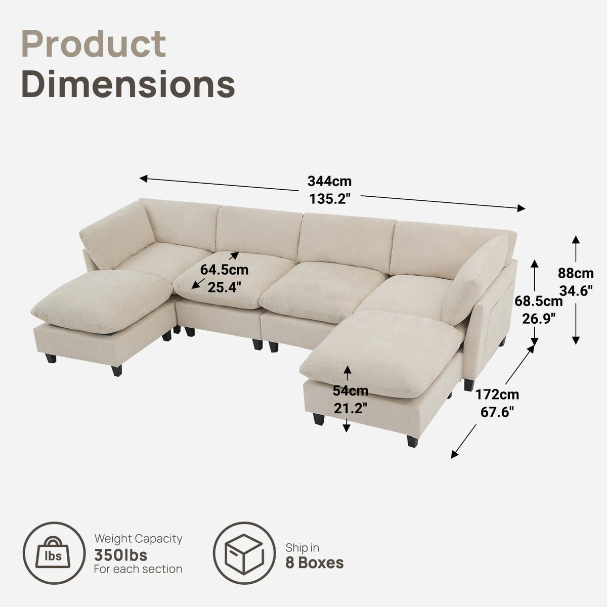 Iroomy Modular Sectional Sofa, U Shaped Chenille Cloud Couch Deep Comfy Seat, 6-Seater Sofas Couches for Living Room, Beige