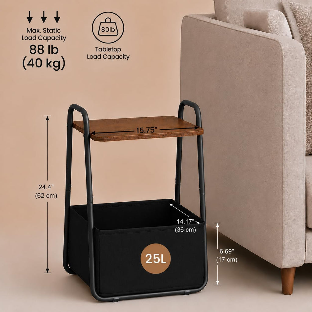 Rustic Brown Metal Frame Nightstand - Small Side Table with Fabric Storage Basket and Handle - Ideal for Bedroom & Living Room & Dorm