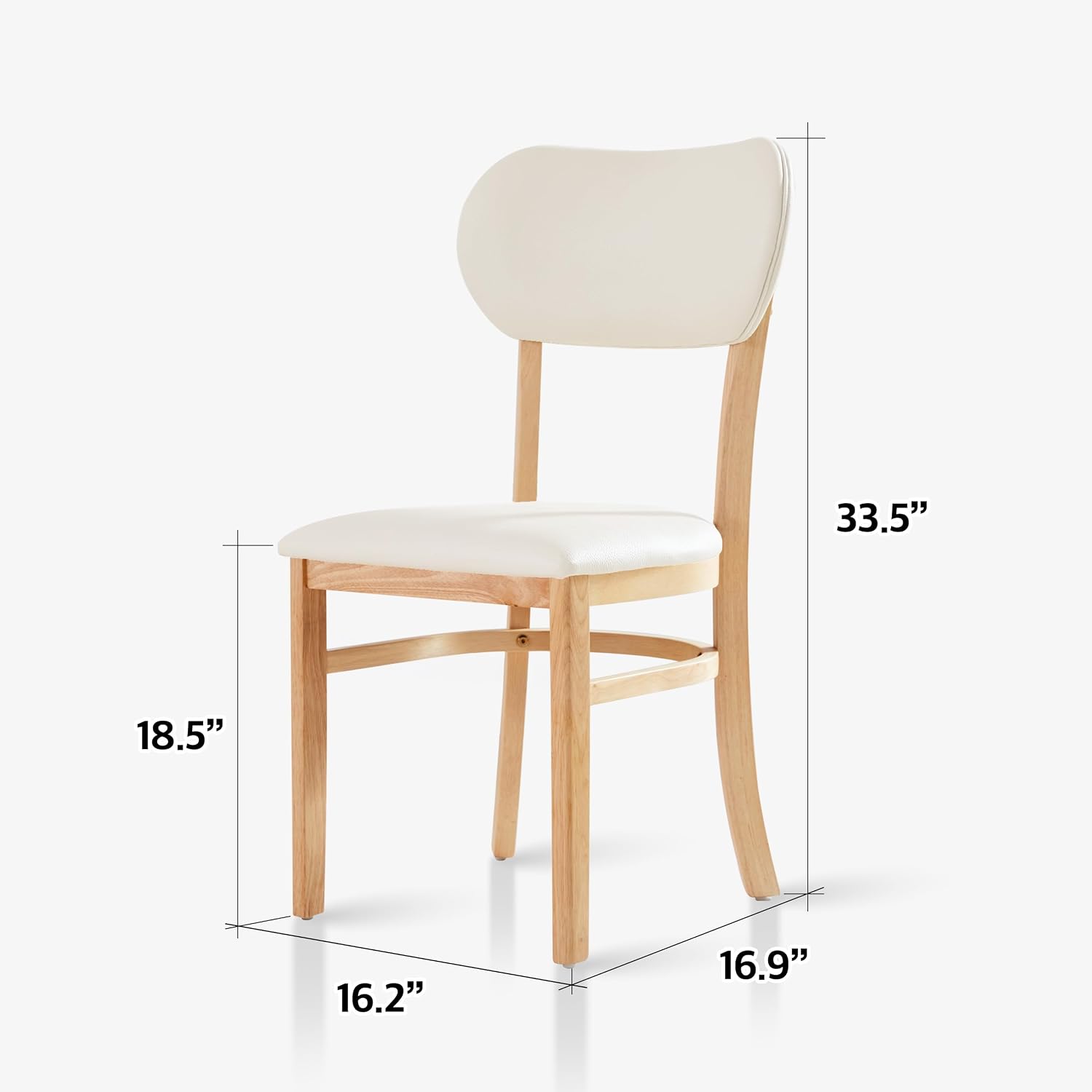 Livinia Tony Dining Chair Set of 2, Solid Malaysian Oak PU Leather Upholstered Cushion Seat, Rounded Back Side Chairs (Natural)