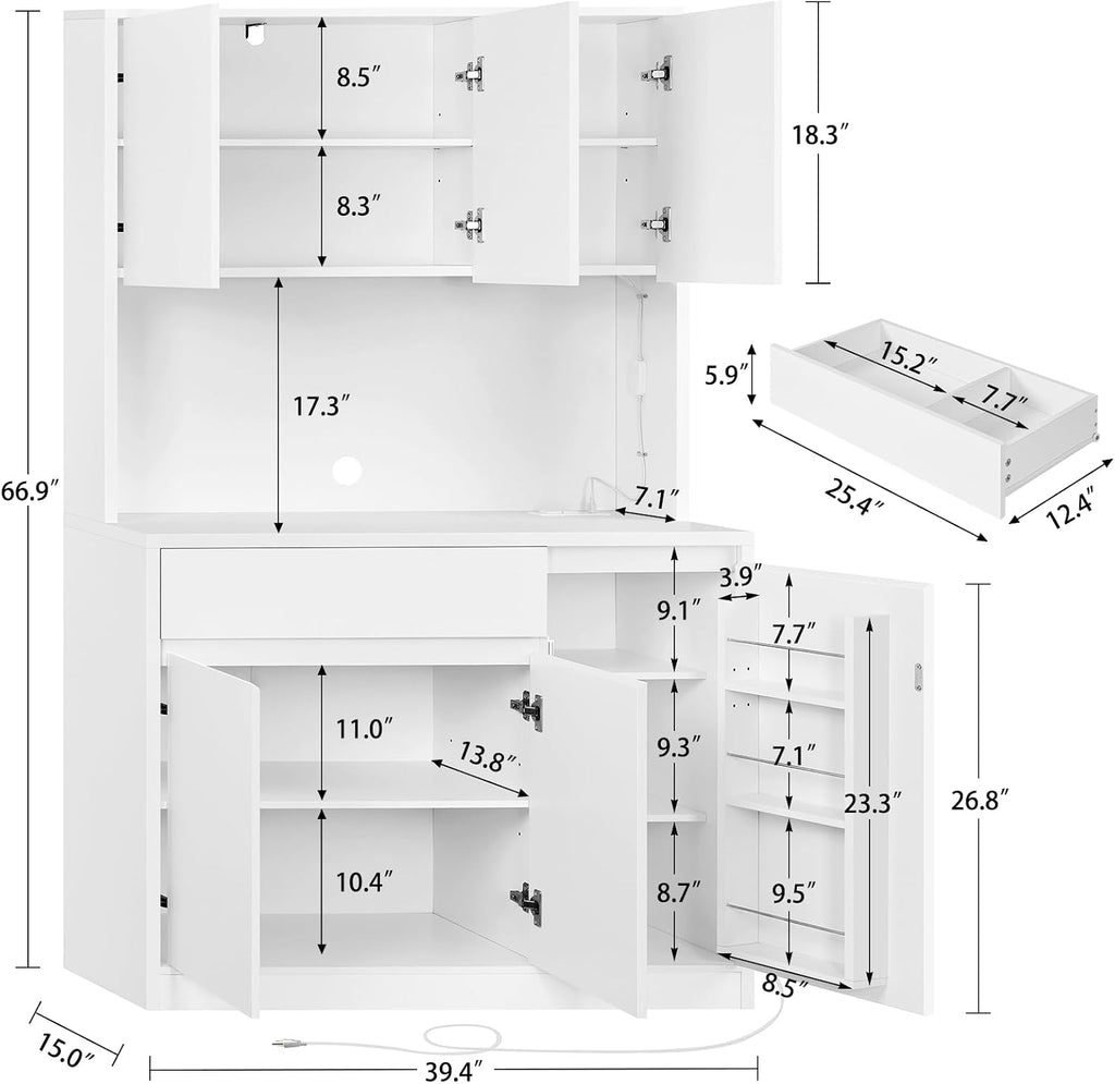 TEENFON Pantry Cabinet with Charging Station and LED Light, Kitchen Pantry Cabinet with Microwave Stand, Kitchen Storage Cabinets with Adjustable Shelves and Door Shelves for Dining Room, White