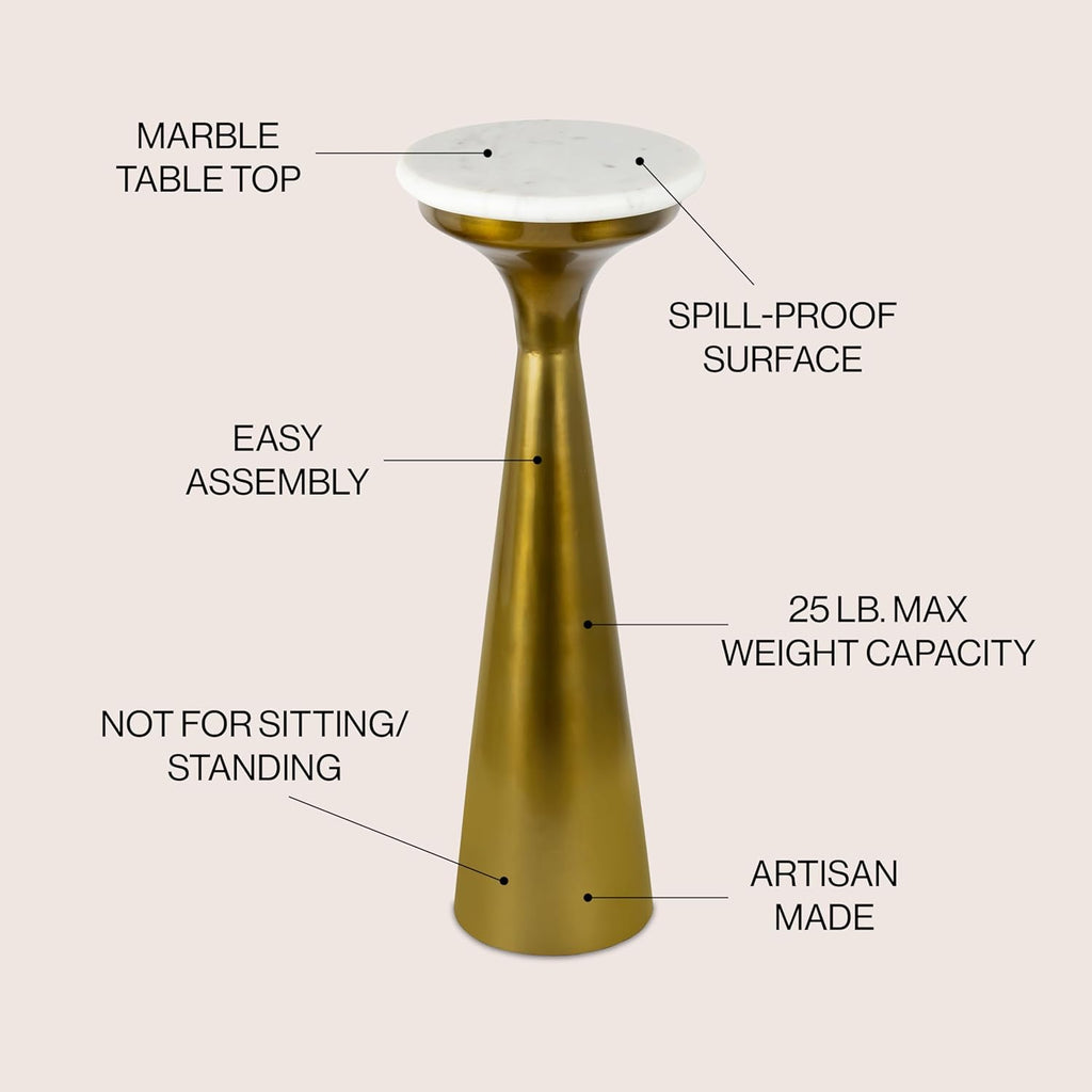 Eyely DNE1009A Alton 22.25" Mid-Century Glam Retro Metal Drink Table with Marble Top, Side Table for Bedroom, Living Room, White/Gold