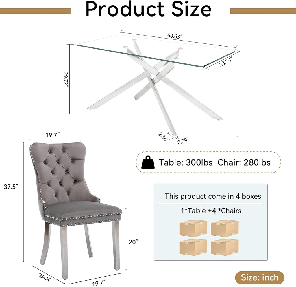 SSLine Modern 5-Piece Glass Dining Table Set for 4 Luxury Rectangle Glass Kitchen Table and Chair Set for 4, 61" Long Dining Room Tables with 4 Gray Tufted Chairs for Kitchen Home Office