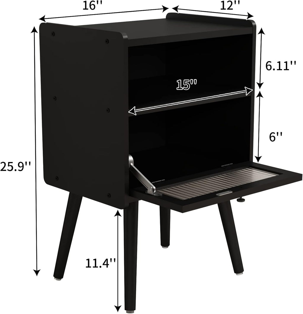 Mid Century Modern Nightstand, Bedside Table with Glass Door, Black | Side Table End Table with Solid Wood Legs for Bedroom, Living Room and Small Spaces