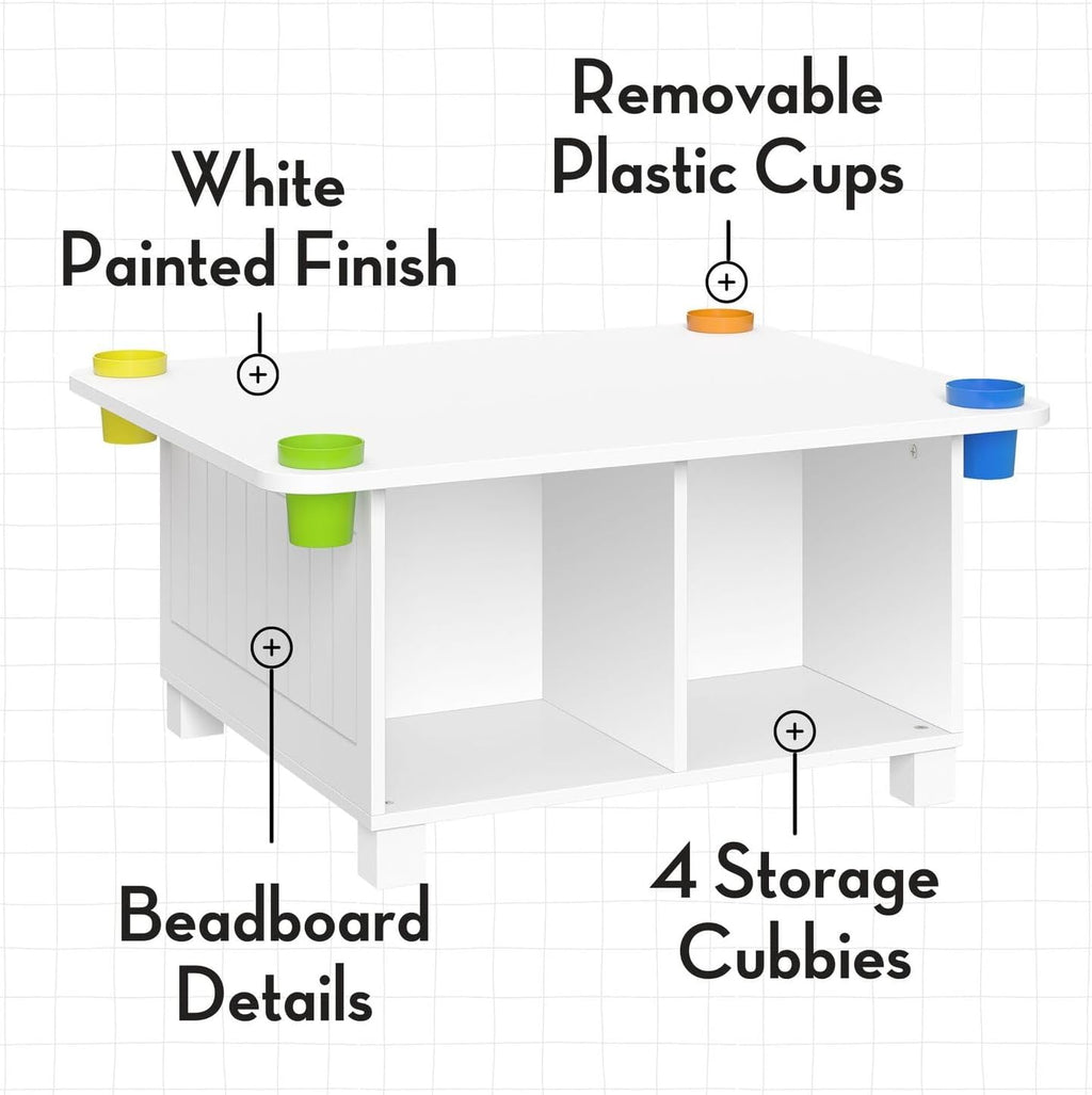 RiverRidge Kids Activity Table with Storage Cubbies, Cups and 2 Taupe Bins | Playroom Toddler Sensory Art Craft Table, 4 Toy Organization Shelves, 4 Multi-purpose cups, 2 Fabric Folding Cubes, Ages 2-4