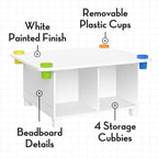 RiverRidge Kids Activity Table with Storage Cubbies, Cups and 2 Taupe Bins | Playroom Toddler Sensory Art Craft Table, 4 Toy Organization Shelves, 4 Multi-purpose cups, 2 Fabric Folding Cubes, Ages 2-4