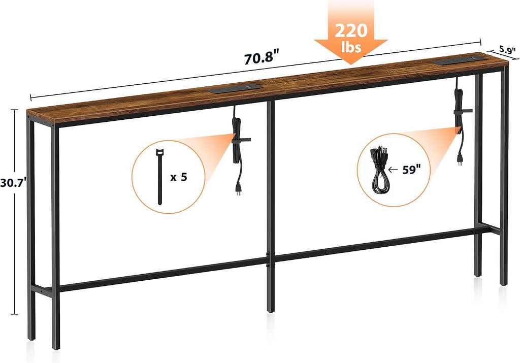 Bathola 71'' Behind Couch Table with 2 Outlets, Sofa Tables Narrow Long | 5.9" Wide Console Table Behind Couch with 6 AC & 4 USB, Wood Couch Table Behind Sofa for Living Room, Bedroom, Hallway, Brown