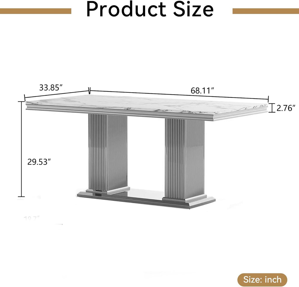 68 in Faux Marble Dining Table for 4-6, White Marble Dining Table with Silver Stainless Steel Base, Luxury Rectangular Dining Room Table for Kitchen, Living Room, Apartment, Family Meals, Dinner Party