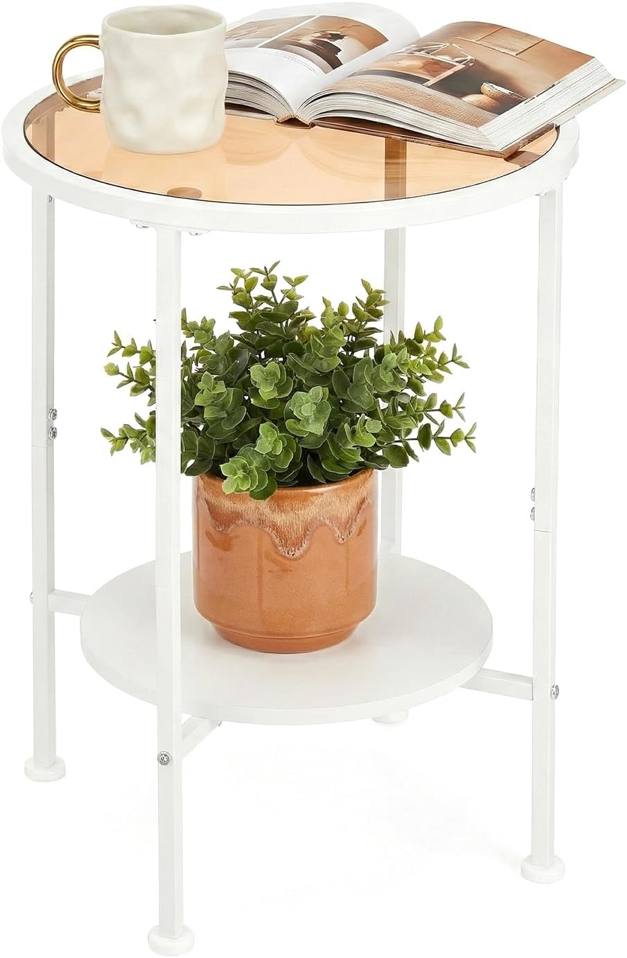 2 Tier Round Side Table with Tempered Amber Glass Top, White Metal End Table for Small Spaces, Bedroom, Living Room,Cute Retro Aesthetic Nightstand, Modern Vibe Accent Table for Plant & Decor