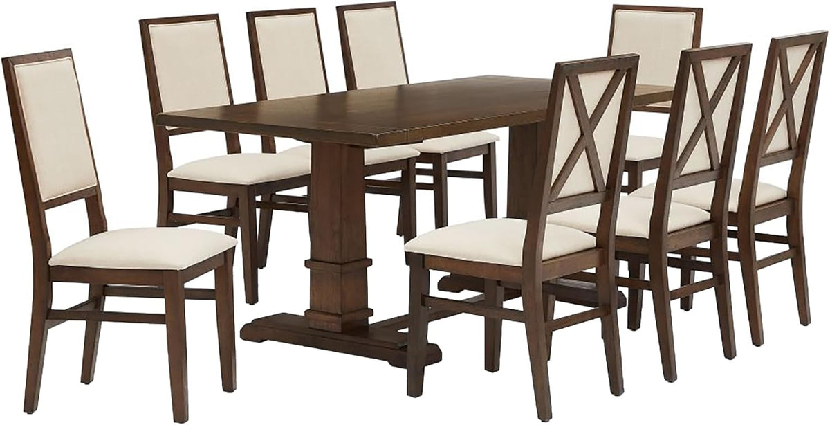 Crosley Furniture Joanna 9-Piece Modern Farmhouse Dining Table Set for 8 with Upholstered Chairs, Dark Oak/Creme