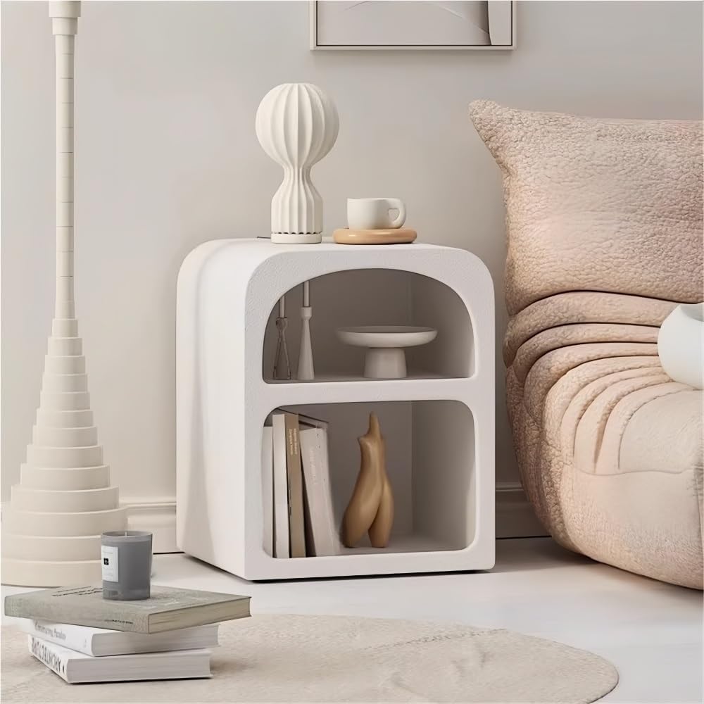 Modern Side Table, Creative Decorative Side Table, Nightstand with 2 Layers of Open Storage, Half-Moon Bedside Table for Bedroom, Office, Living Room, Apartment(Small)