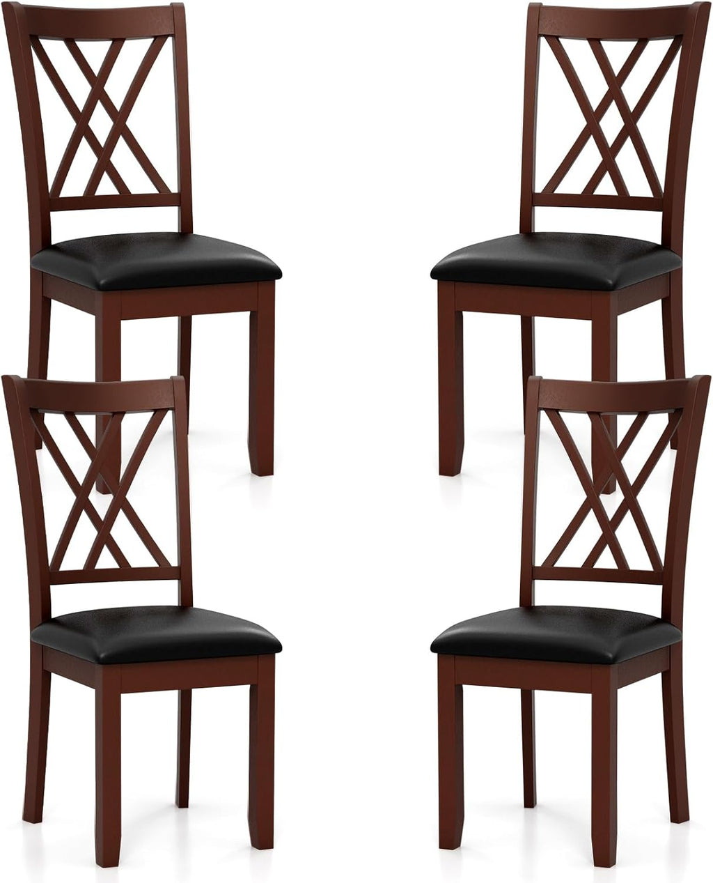 COSTWAY Set of 4 Dining Chairs, Wooden Kitchen Side Chair with PU Leather Padded Seat, Rubber Wood Frame & High Back, Farmhouse Dining Room Chairs for Home & Restaurant, Walnut