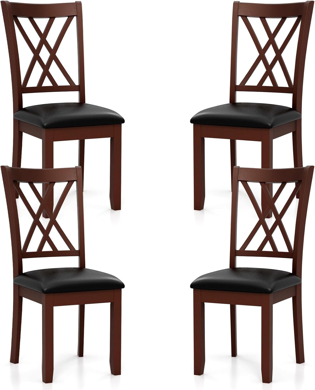 COSTWAY Set of 4 Dining Chairs, Wooden Kitchen Side Chair with PU Leather Padded Seat, Rubber Wood Frame & High Back, Farmhouse Dining Room Chairs for Home & Restaurant, Walnut