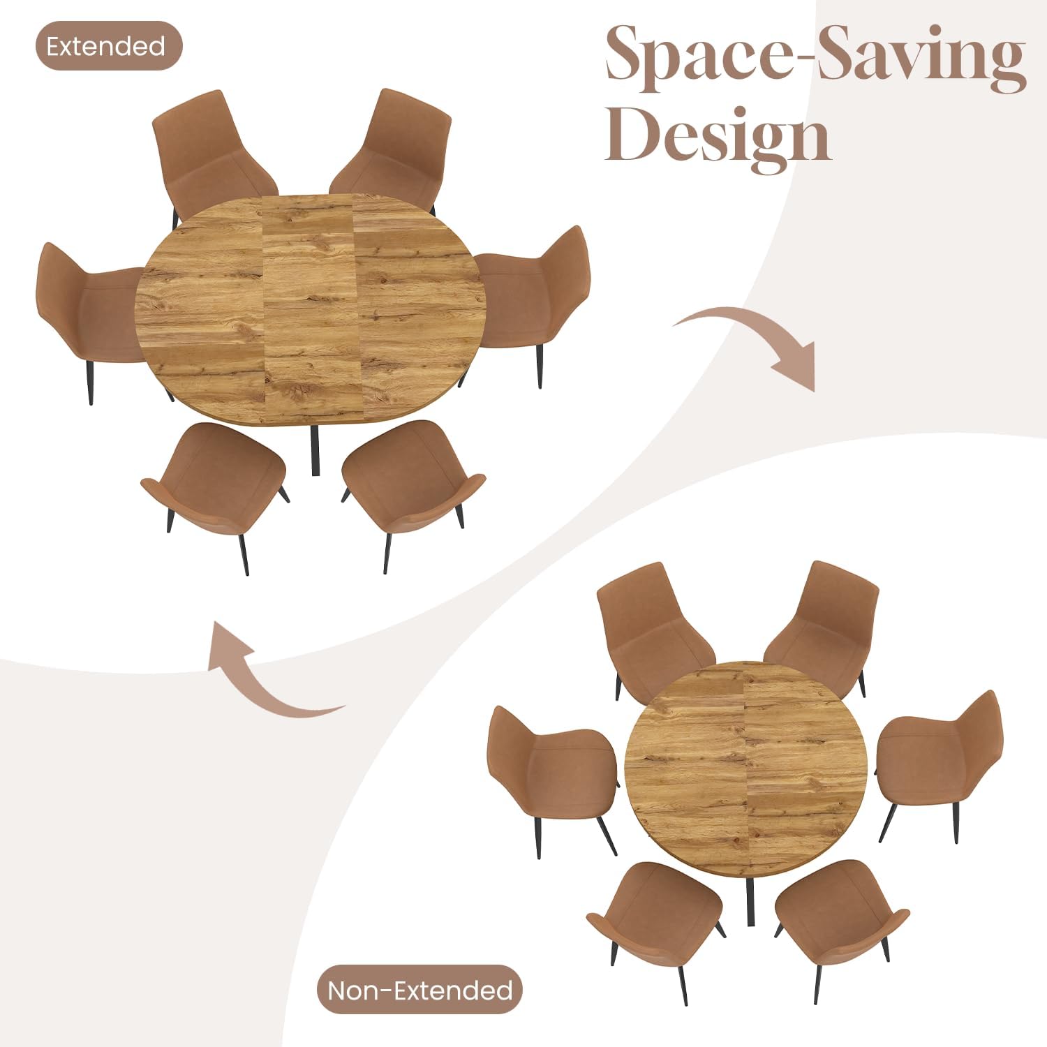 7-Piece Extendable Round Dining Table with Chairs Set for 6, 43"-59" Kitchen Dining Table Set with Heavy Duty Leg for Dining Living Room Apartment(Oak Table + 6 Brown Chairs)