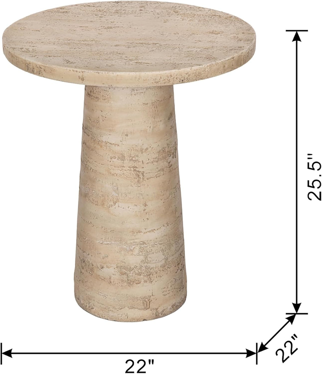 Faux Stone Side Table Round End Table Patio Small Drink Table for Small Spaces, Rustic Circle Pedestal End Tables Farmhouse Nightstand for Living Room Bedroom Corners Office Outdoor (Cream)