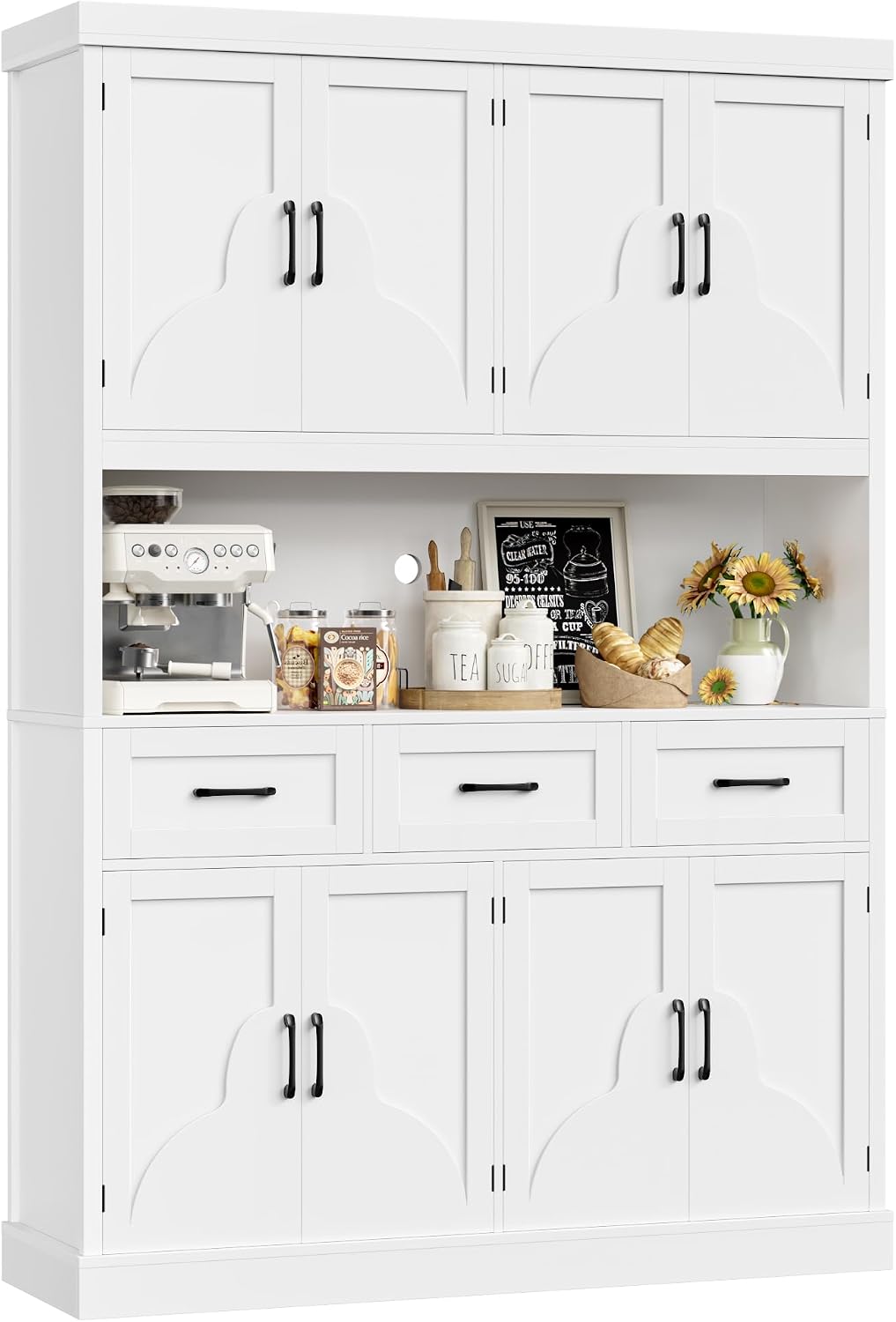 HITHOS 55“W Kitchen Pantry Cabinet, 76" Tall Hutch Storage Cabinet, White | Large Kitchen Pantry Storage Cabinet with Countertop, Modern Kitchen Hutch, Wood Coffee Bar with Drawers for Dining Room