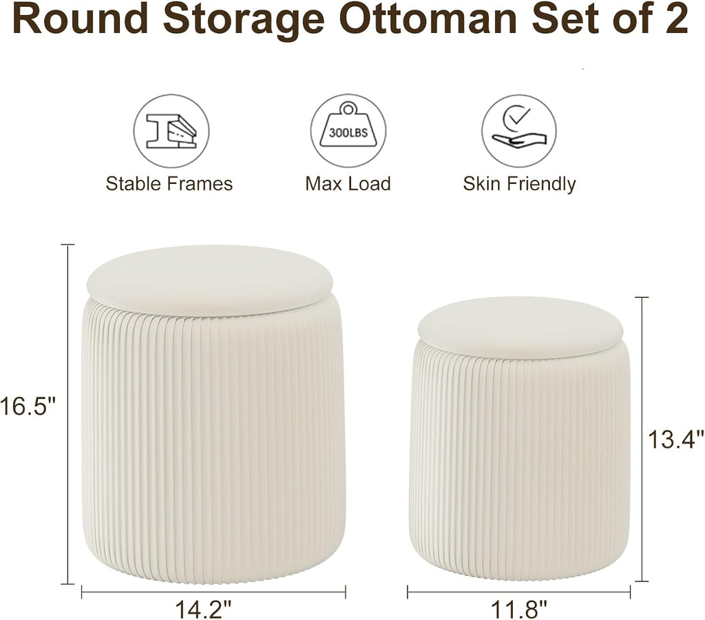 Round Ottoman with Storage Set of 2, White Vanity Stool, Upholstered Velvet Storage Ottomans, Makeup Chair Seat for Bedroom, Small Pouf Footstool for Living Room