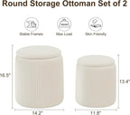 Round Ottoman with Storage Set of 2, White Vanity Stool, Upholstered Velvet Storage Ottomans, Makeup Chair Seat for Bedroom, Small Pouf Footstool for Living Room
