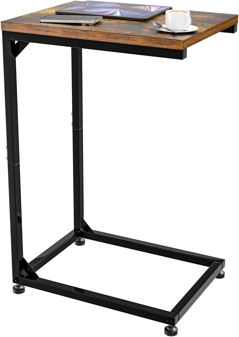 Simple Trending C Shaped End Table, TV Tray for Couch, Small Side Table with Metal Frame, for Living Room Bedroom, Rustic Brown