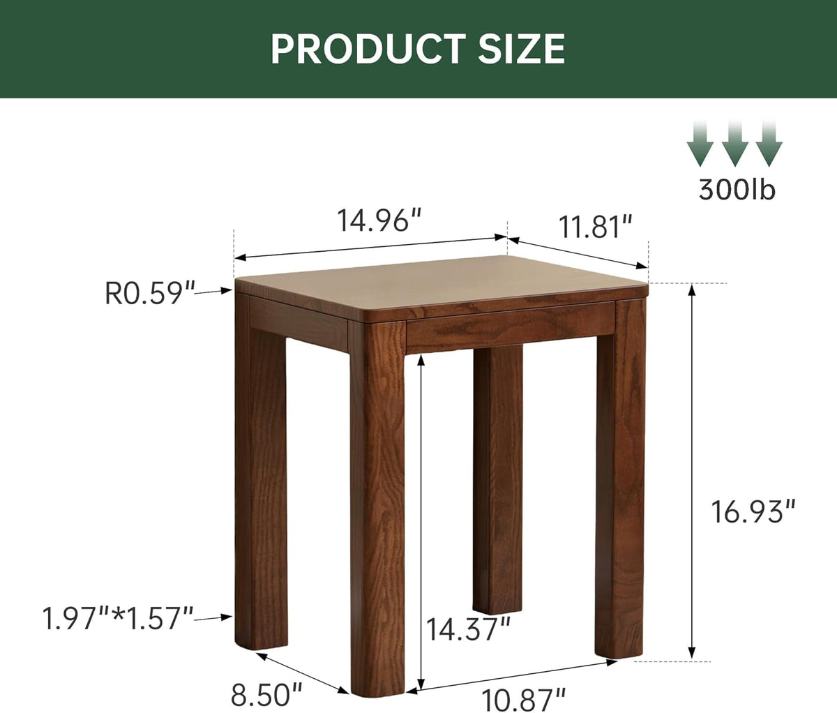 100% Solid Wood End Table for Living Room, Walnut Dining Stools with Round Edges, 17-inch Step Stool Vanity Ottoman Footrest for Dining Room Living Room Entryway