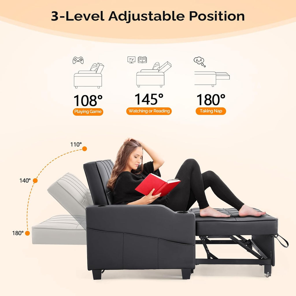 VINGLI Convertible Loveseat Sleeper Sofa Bed, Pullout Couch for Living Room | Black Futon Sofa Bed, Faux Leather Pull-Out Couch Bed with USB Ports, Cup Holders for Small Space, Apartment, Office