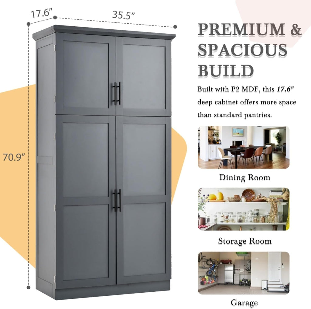 Hassyee 35.5 x 17.6 x 70.9 inch Freestanding Kitchen Pantry Cabinet, Tall Storage Cabinet with 4 Doors, 2 Door Shelves, 8 Pull-Out Trays and Adjustable Shelf for Dining Room (Gray)