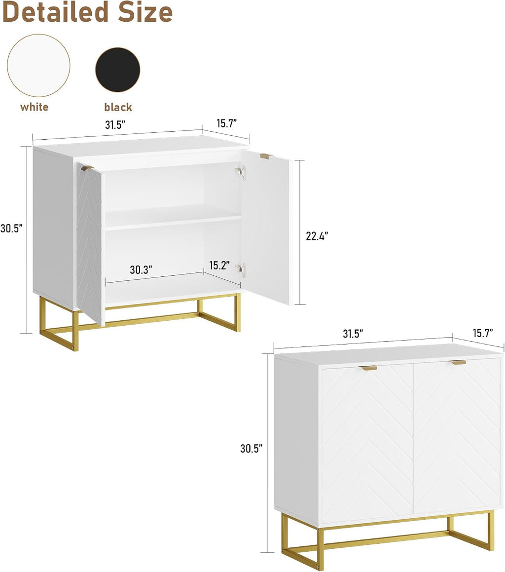 Garvee 31.5 in Modern Sideboard Buffet Cabinet with Storage, Wood Accent Storage Cabinet with Herringbone Doors & Shelf, Credenza Console Table for Dining Room Living Room Entryway, White