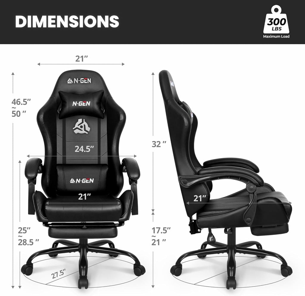 N-GEN GAMING Gaming Chair with Footrest, Lumbar, High-Back, Carbon Black | Reclining Backrest, Linkage Armrests, Durable PU Leather, Adjustable Comfort for Extended Computer, Desk, or Home Office Use