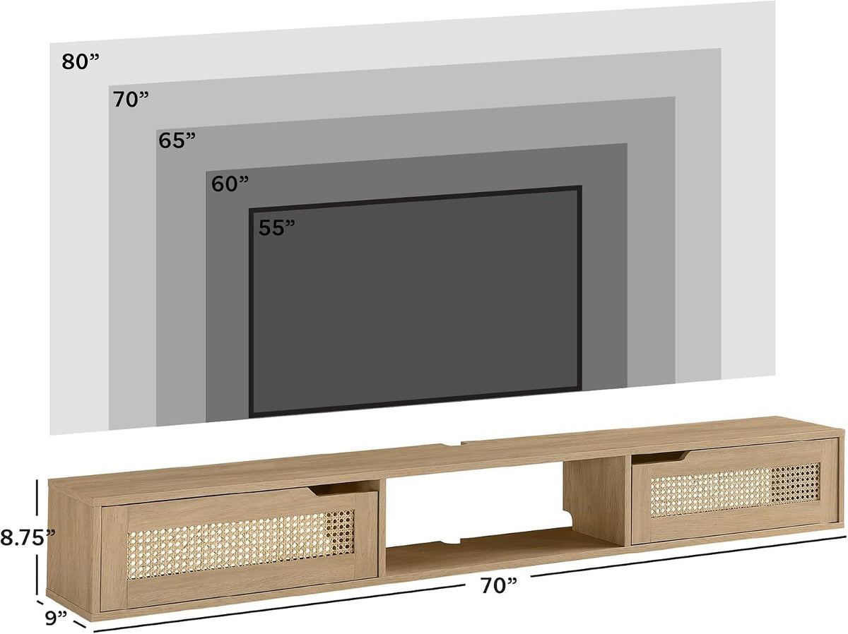 Walker Edison Destin Modern Rattan Flip-Down-Door Wall-Mounted Floating TV Stand for TVs up to 80 Inches, 70 Inch, Coastal Oak