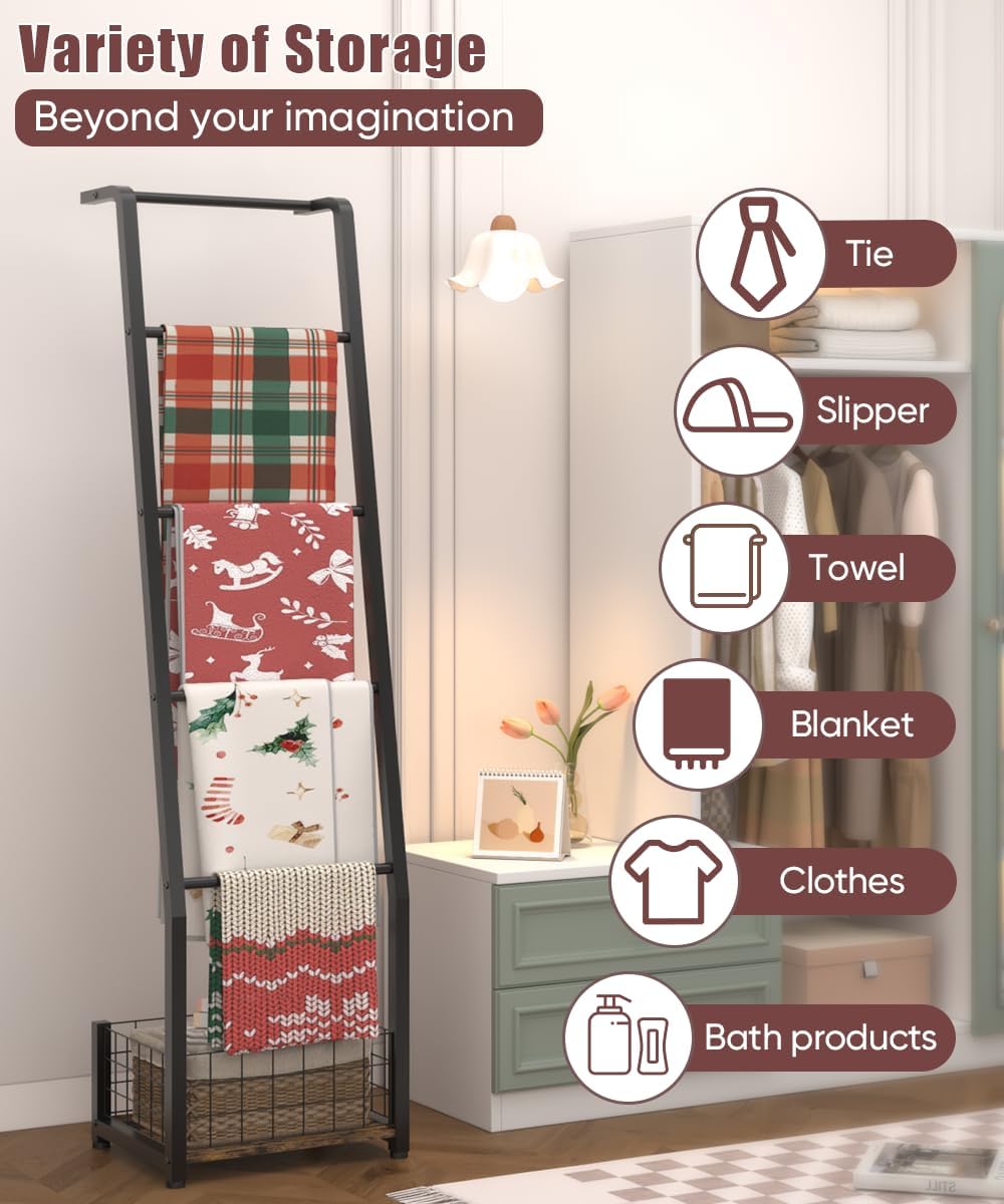 6.3ft Blanket Ladder with Storage Basket, 5 Tier Decorative Ladder Shelf Stand for Living Room & Bedroom, Wall-Leaning Blanket Holder Quilt Rack for Home Décor, Rustic Brown & Black