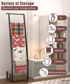6.3ft Blanket Ladder with Storage Basket, 5 Tier Decorative Ladder Shelf Stand for Living Room & Bedroom, Wall-Leaning Blanket Holder Quilt Rack for Home Décor, Rustic Brown & Black