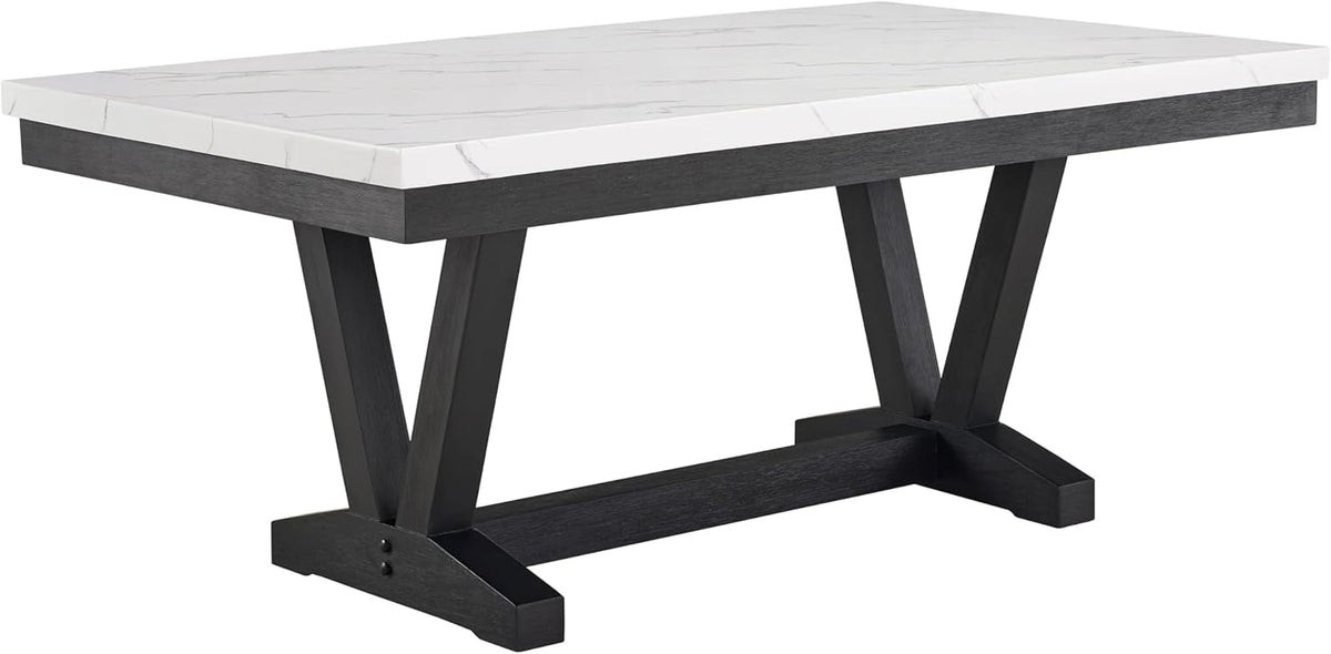 Benzara Vinz Dining Table, 72 Inch White Faux Marble Top, Black Trestle Base