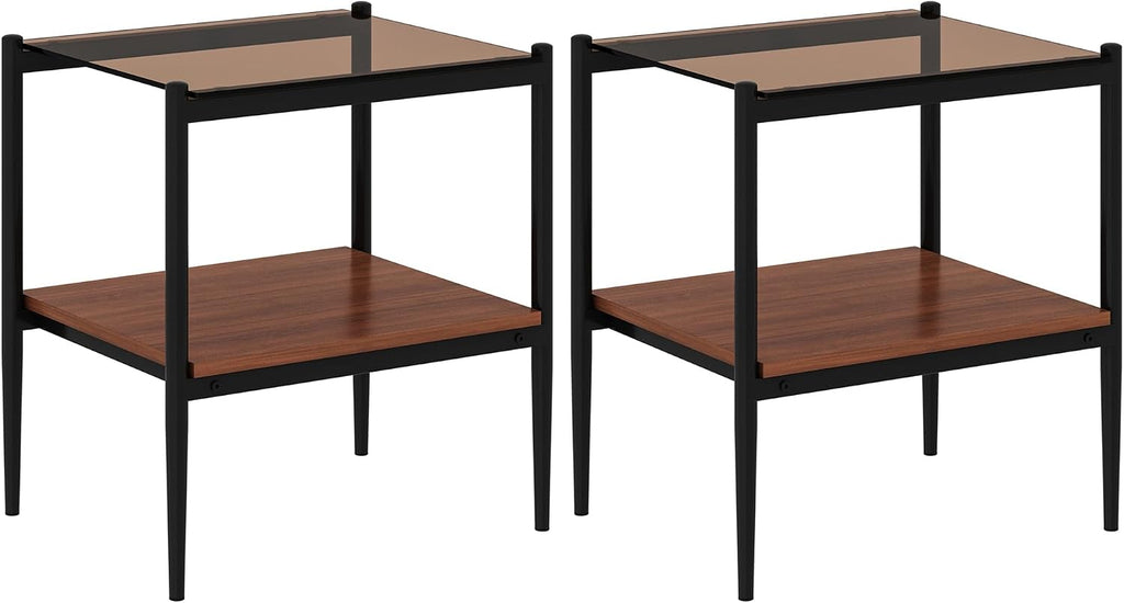 Glass End Table Set of 2, Rectangle Living Room Sofa Side Table, with BrownTempered Glass Tabletop,Black Iron Leg and Brown MDF Layer,for Living Room, Bedroom and Office, Brown