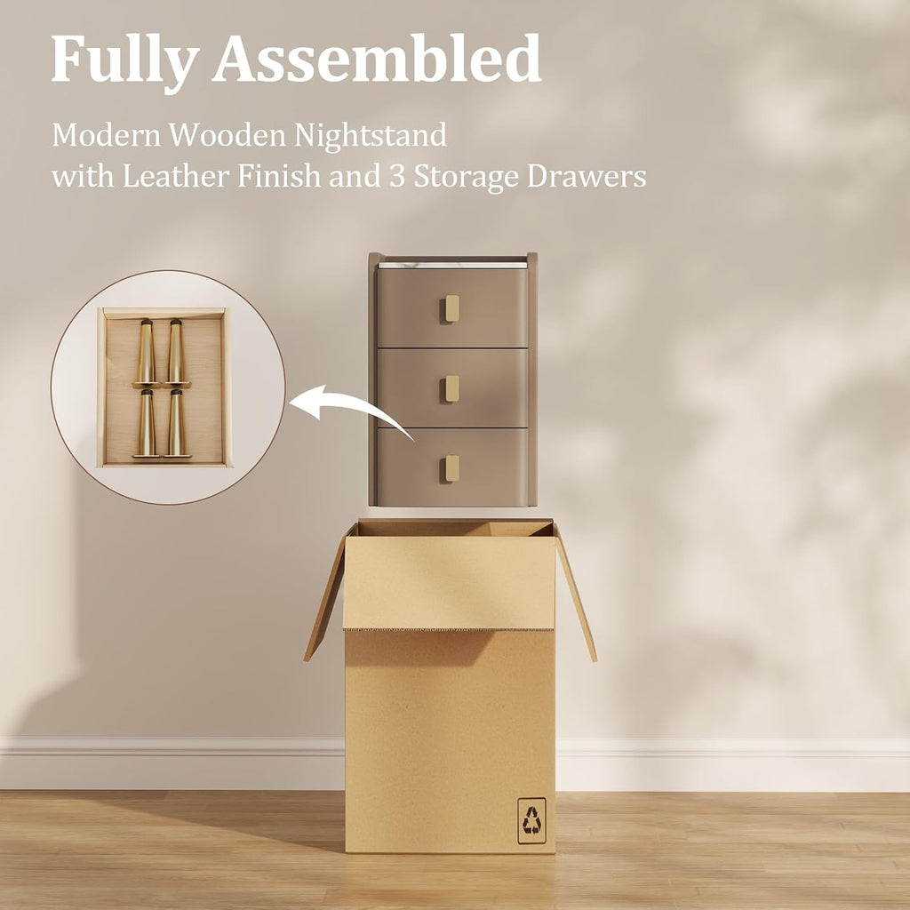 AQIMUELE Narrow Nightstand with Drawers, Narrow Side Table Leather, Small Bedside Tables for Bedroom. (Beige)