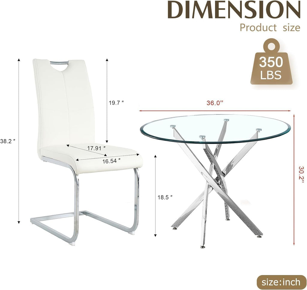 36" Luxury Glass Dining Table Set for 2, 3 Piece Modern Round Dining Tables with 2 White Leather Chairs, Dining Room Tables with Stainless Steel Base, Silver Kitchen Table and Chair Set for 2