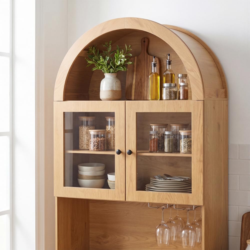 75" Farmhouse Tall Arched Pantry Cabinet with Charging Station, Adjustable Shelves, Coffee Bar Open Countertop, Oak (Oak + MDF)