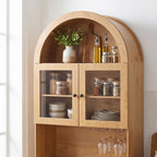 75" Farmhouse Tall Arched Pantry Cabinet with Charging Station, Adjustable Shelves, Coffee Bar Open Countertop, Oak (Oak + MDF)