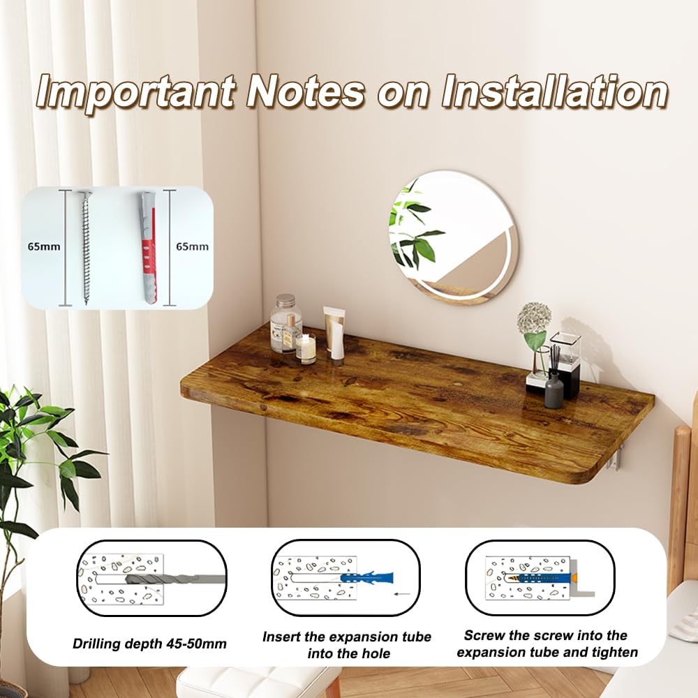 Rustic Wall Mounted Folding Table, Solid Wood Floating Desk with Stainless Steel Brackets, Space Saving Shelf for Home Office, Kitchen, Dining, Laundry Room (60X40cm / 23.63"X15.75")