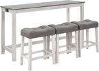 59'' Dining Bar Table and Chairs Set with Power Outlet, 4-Piece Industrial Breakfast Table Set with 3 Padded Stools, Wood Console Table Set for Kitchen Living Room Dining Room, White Grey