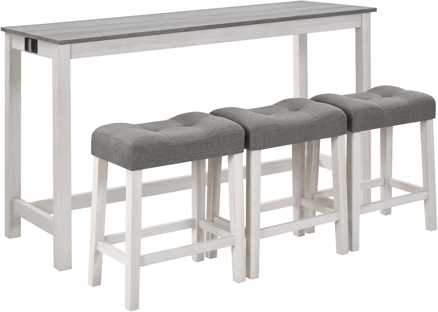 59'' Dining Bar Table and Chairs Set with Power Outlet, 4-Piece Industrial Breakfast Table Set with 3 Padded Stools, Wood Console Table Set for Kitchen Living Room Dining Room, White Grey