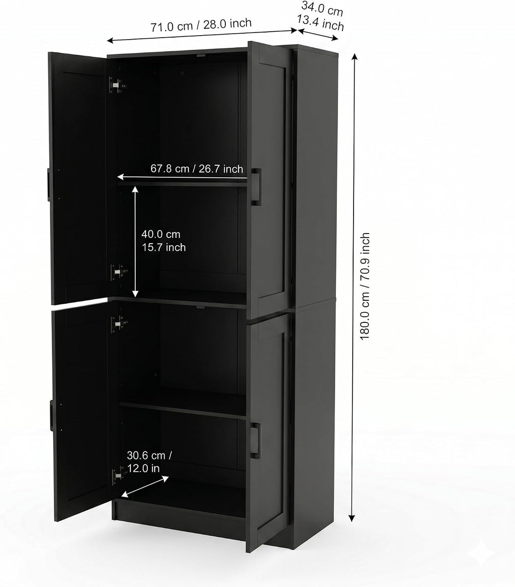 DIYART 71" Tall Kitchen Pantry Cabinet, Freestanding Food Storage Organizer with Doors & Adjustable Shelves, Large Utility Hutch Cupboard for Dining Room, Kitchen & Home Office, Black