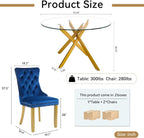 Glass Dining Room Table Set for 2, 47" Circle Glass Dining Table for 2 with Gold Metal Legs, Small Round Dining Table and Chairs Set of 2, 3 Piece Kitchen Table Set for Breakfast Dinette, Blue