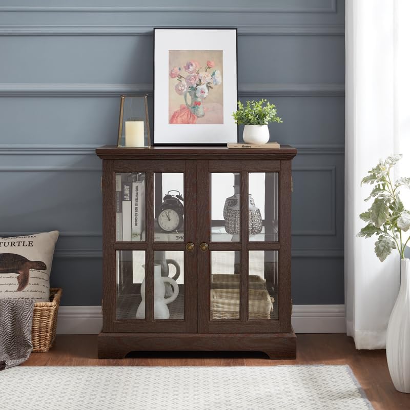KEIKI Lighted Curio Cabinet, Glass Display Cabinet with 2 Doors & Adjustable Shelves, LED Light Strip, Cherry