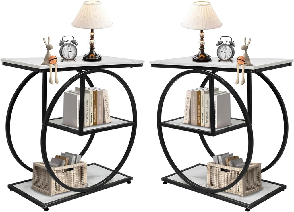 AT-VALY Pair of 2 Side Table with Storage Shelves,3-Tier End Table, Small Sofa Side Table for Living Room, Bedroom (Black)