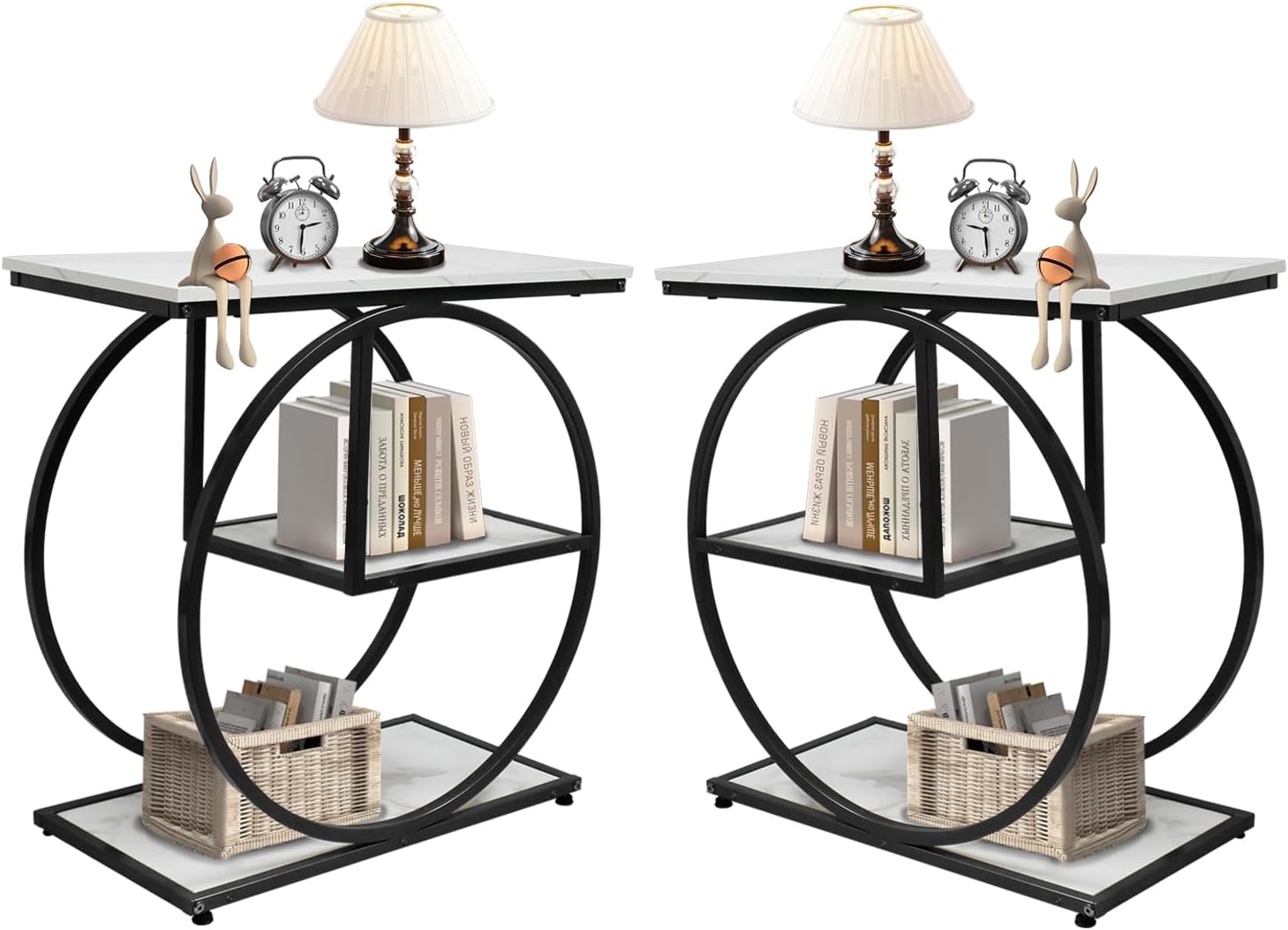 AT-VALY Pair of 2 Side Table with Storage Shelves,3-Tier End Table, Small Sofa Side Table for Living Room, Bedroom (Black)