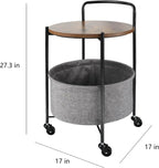 Rolling Round Metal Side Table,2-Tier Storage Side Table with Wheels,End Coffee Table with Steel Frame and Fabric Storage Basket,Cart Side Table Tray for Living Room,Bedroom,Wood Black